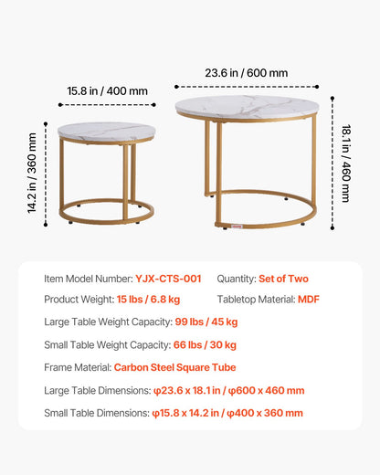 Nesting Coffee Table Set of 2, 23.6 in Round Coffee Table, Nesting Tables for Small Place, Vintage End Side Tables Night Stand with Metal Frame, for Living Room, Bedroom, Office (White & Gold)
