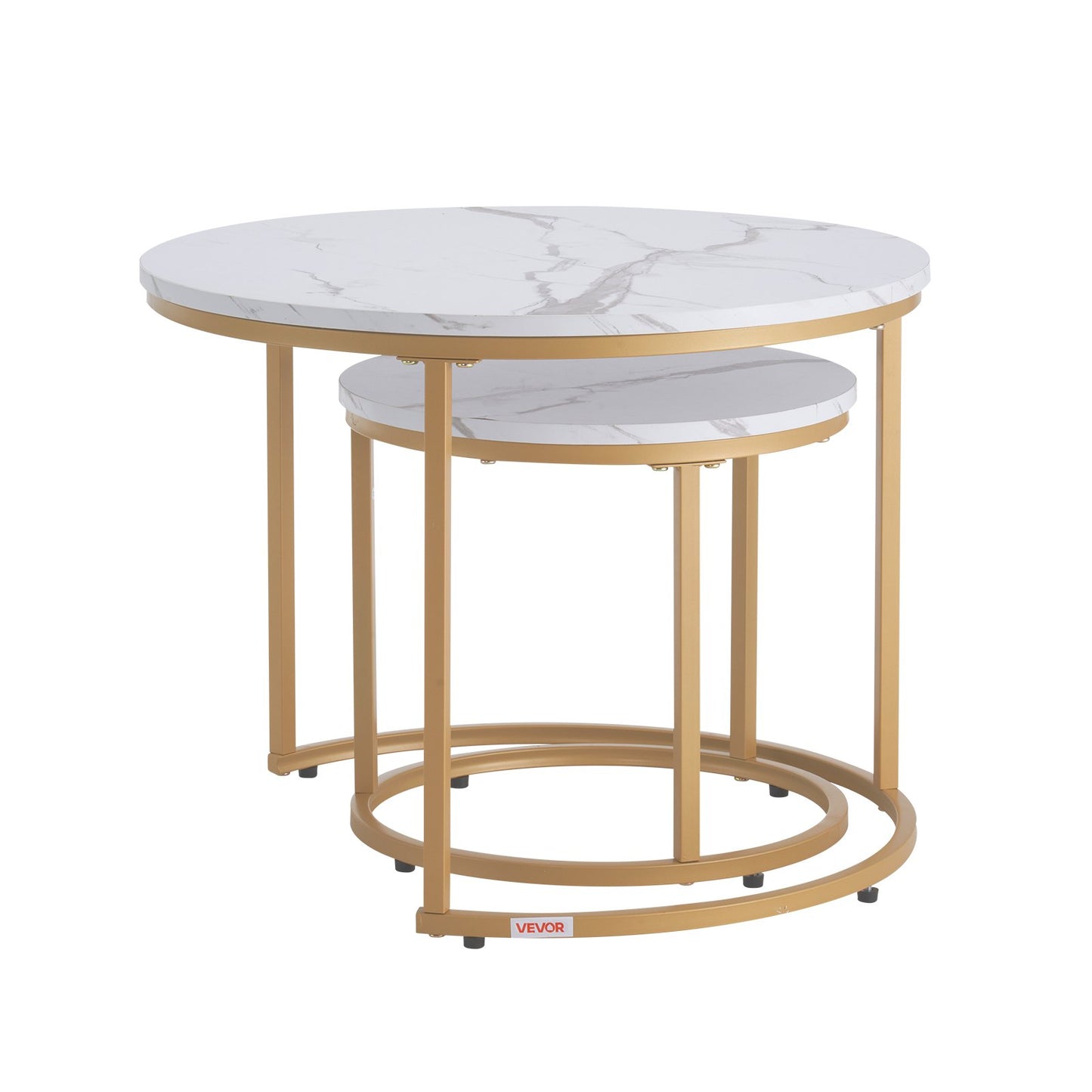 Nesting Coffee Table Set of 2, 23.6 in Round Coffee Table, Nesting Tables for Small Place, Vintage End Side Tables Night Stand with Metal Frame, for Living Room, Bedroom, Office (White & Gold)
