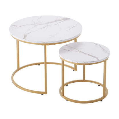 Nesting Coffee Table Set of 2, 23.6 in Round Coffee Table, Nesting Tables for Small Place, Vintage End Side Tables Night Stand with Metal Frame, for Living Room, Bedroom, Office (White & Gold)