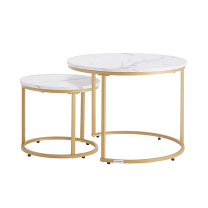 Nesting Coffee Table Set of 2, 23.6 in Round Coffee Table, Nesting Tables for Small Place, Vintage End Side Tables Night Stand with Metal Frame, for Living Room, Bedroom, Office (White & Gold)