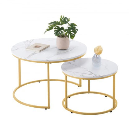 Nesting Coffee Table Set of 2, 27.6 in Round Coffee Table, Nesting Tables for Small Place, Vintage End Side Tables Night Stand with Metal Frame, for Living Room, Bedroom, Office (White & Gold)