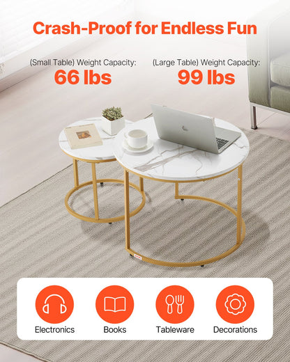 Nesting Coffee Table Set of 2, 27.6 in Round Coffee Table, Nesting Tables for Small Place, Vintage End Side Tables Night Stand with Metal Frame, for Living Room, Bedroom, Office (White & Gold)