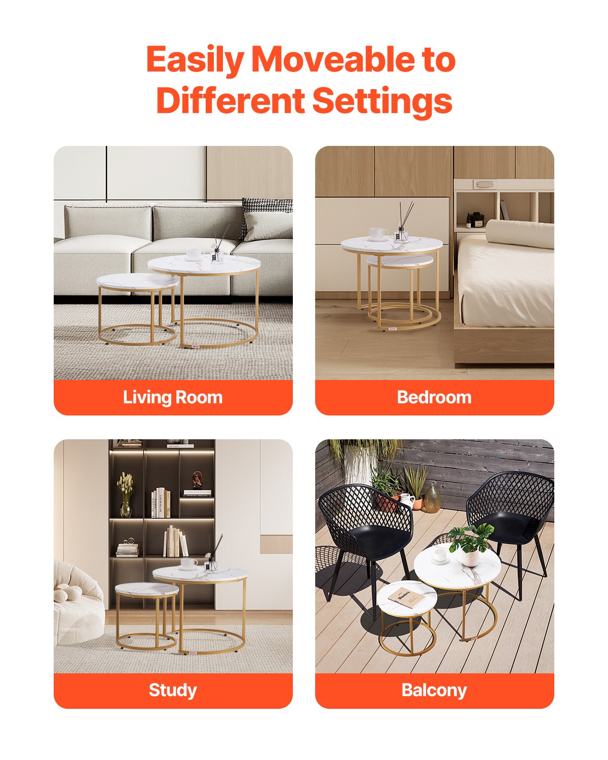 Nesting Coffee Table Set of 2, 27.6 in Round Coffee Table, Nesting Tables for Small Place, Vintage End Side Tables Night Stand with Metal Frame, for Living Room, Bedroom, Office (White & Gold)