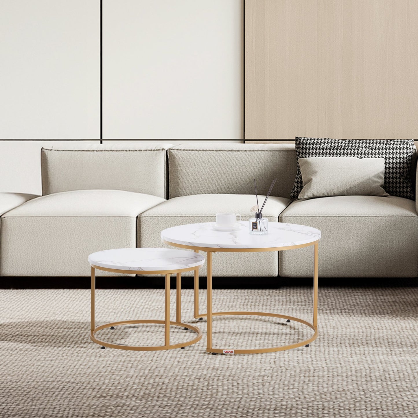 Nesting Coffee Table Set of 2, 27.6 in Round Coffee Table, Nesting Tables for Small Place, Vintage End Side Tables Night Stand with Metal Frame, for Living Room, Bedroom, Office (White & Gold)