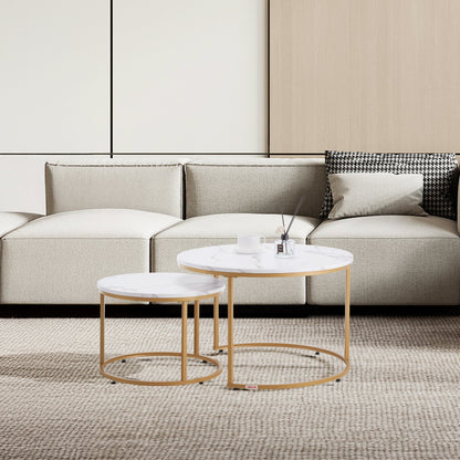 Nesting Coffee Table Set of 2, 27.6 in Round Coffee Table, Nesting Tables for Small Place, Vintage End Side Tables Night Stand with Metal Frame, for Living Room, Bedroom, Office (White & Gold)