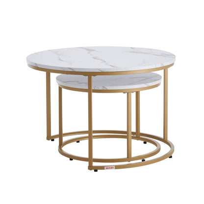 Nesting Coffee Table Set of 2, 27.6 in Round Coffee Table, Nesting Tables for Small Place, Vintage End Side Tables Night Stand with Metal Frame, for Living Room, Bedroom, Office (White & Gold)