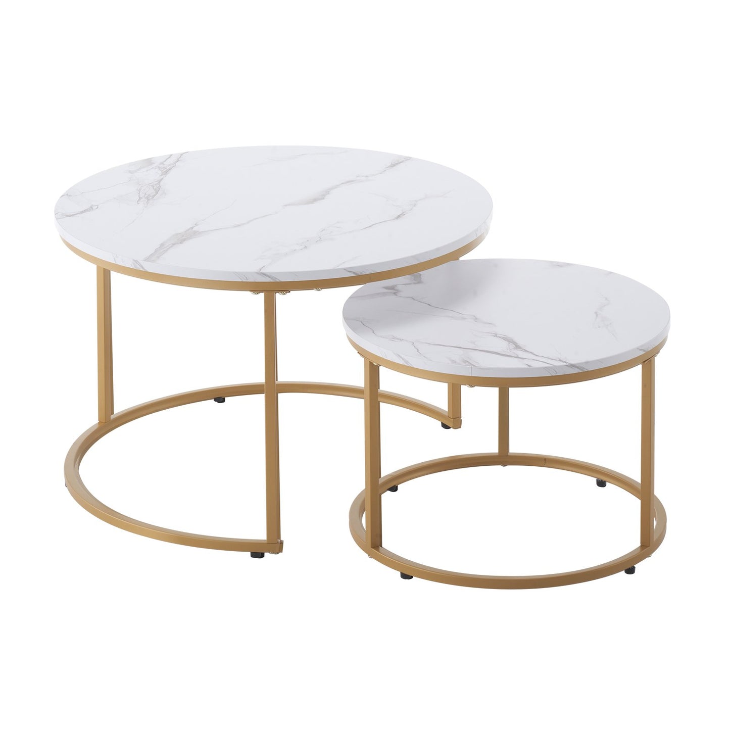 Nesting Coffee Table Set of 2, 27.6 in Round Coffee Table, Nesting Tables for Small Place, Vintage End Side Tables Night Stand with Metal Frame, for Living Room, Bedroom, Office (White & Gold)