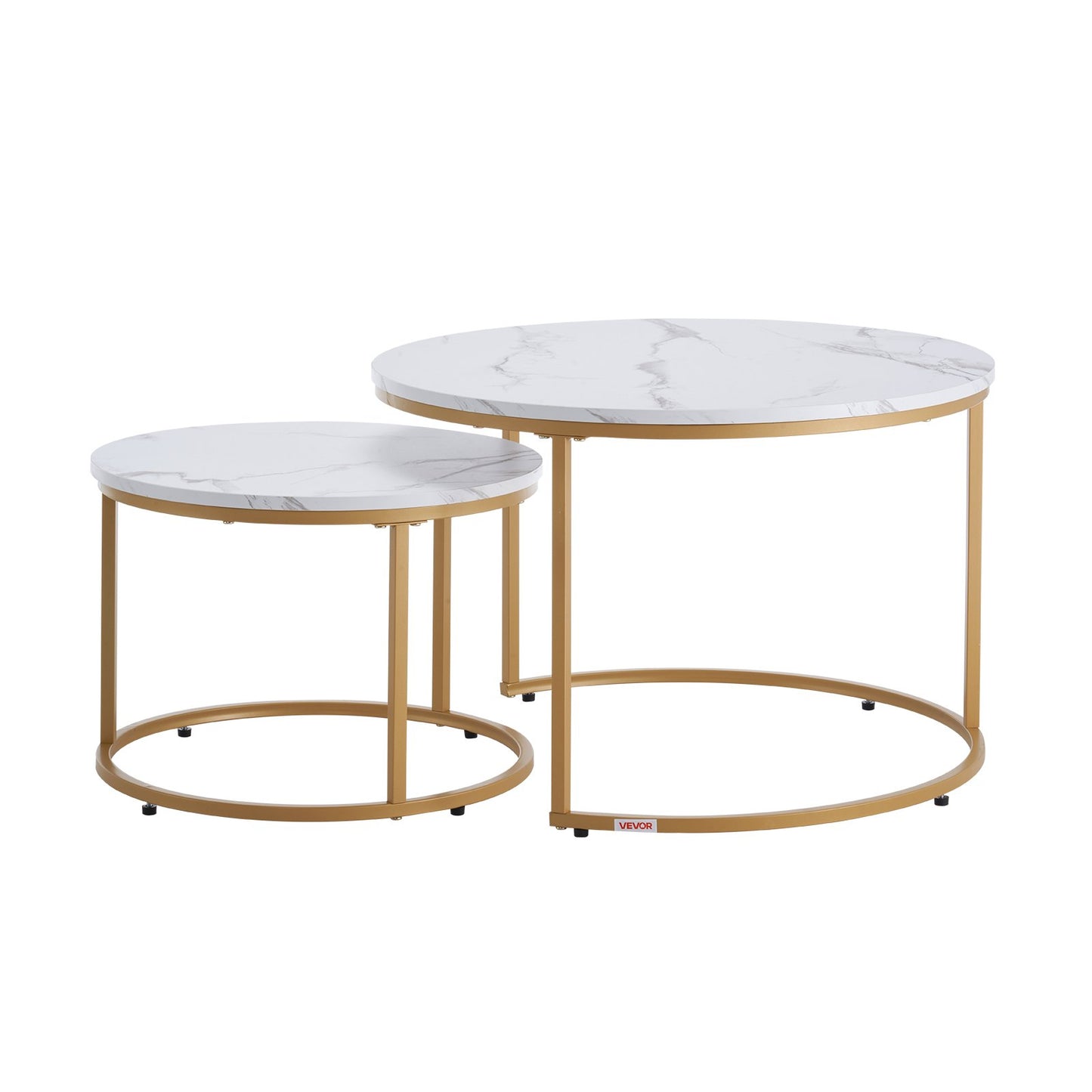 Nesting Coffee Table Set of 2, 27.6 in Round Coffee Table, Nesting Tables for Small Place, Vintage End Side Tables Night Stand with Metal Frame, for Living Room, Bedroom, Office (White & Gold)