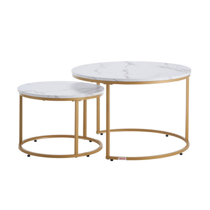 Nesting Coffee Table Set of 2, 27.6 in Round Coffee Table, Nesting Tables for Small Place, Vintage End Side Tables Night Stand with Metal Frame, for Living Room, Bedroom, Office (White & Gold)