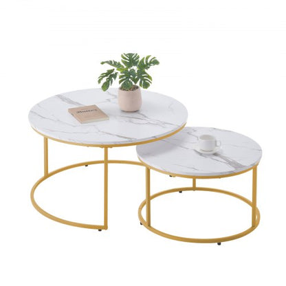 Nesting Coffee Table Set of 2, 31.5 in Round Coffee Table, Nesting Tables for Small Place, Vintage End Side Tables Night Stand with Metal Frame, for Living Room, Bedroom, Office (White & Gold)