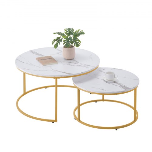 Nesting Coffee Table Set of 2, 31.5 in Round Coffee Table, Nesting Tables for Small Place, Vintage End Side Tables Night Stand with Metal Frame, for Living Room, Bedroom, Office (White & Gold)