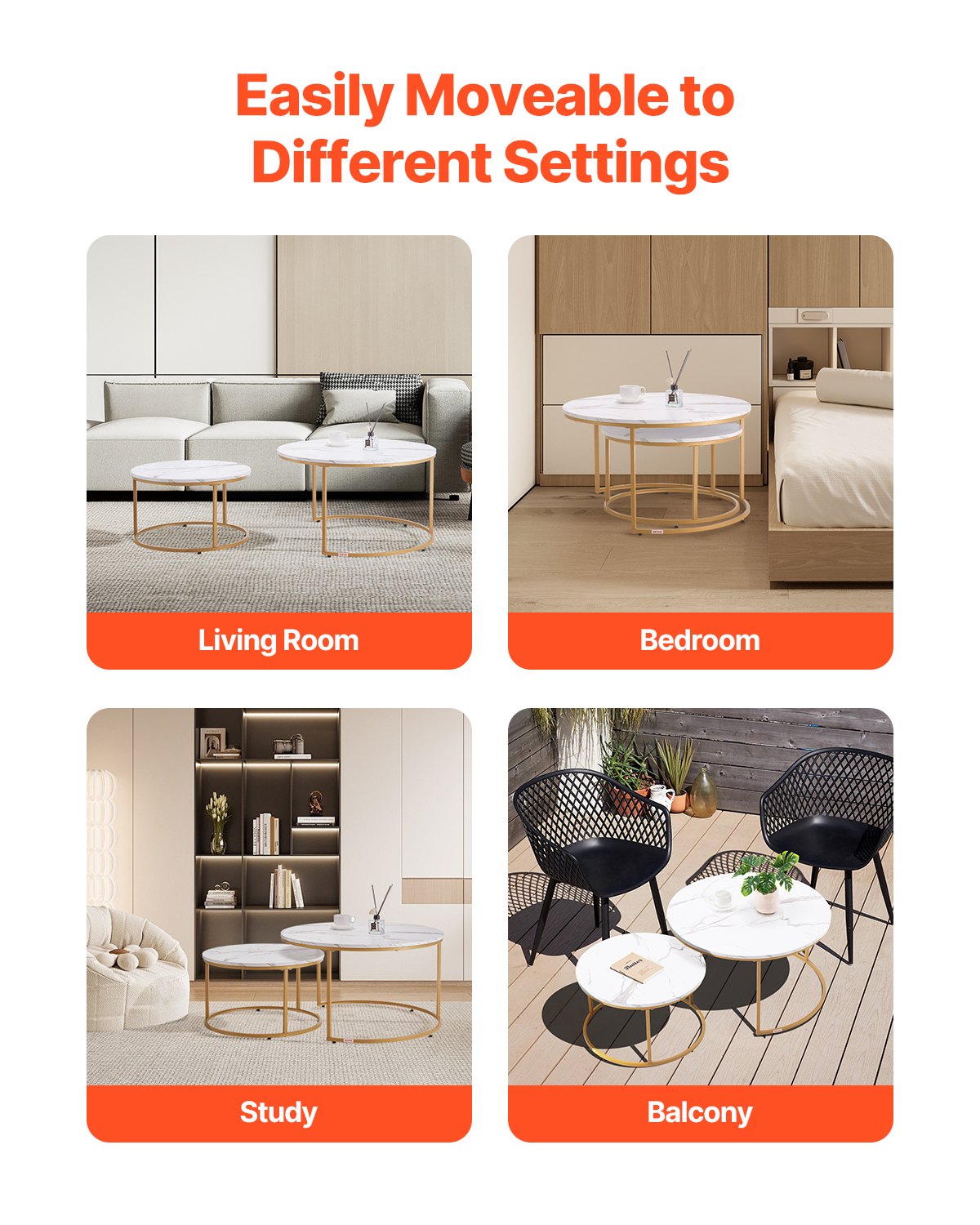 Nesting Coffee Table Set of 2, 31.5 in Round Coffee Table, Nesting Tables for Small Place, Vintage End Side Tables Night Stand with Metal Frame, for Living Room, Bedroom, Office (White & Gold)