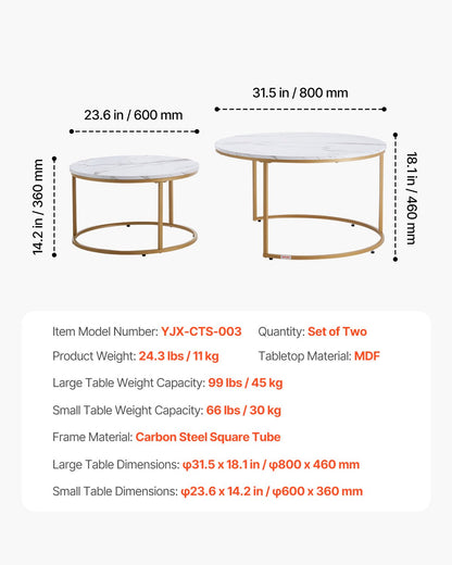 Nesting Coffee Table Set of 2, 31.5 in Round Coffee Table, Nesting Tables for Small Place, Vintage End Side Tables Night Stand with Metal Frame, for Living Room, Bedroom, Office (White & Gold)