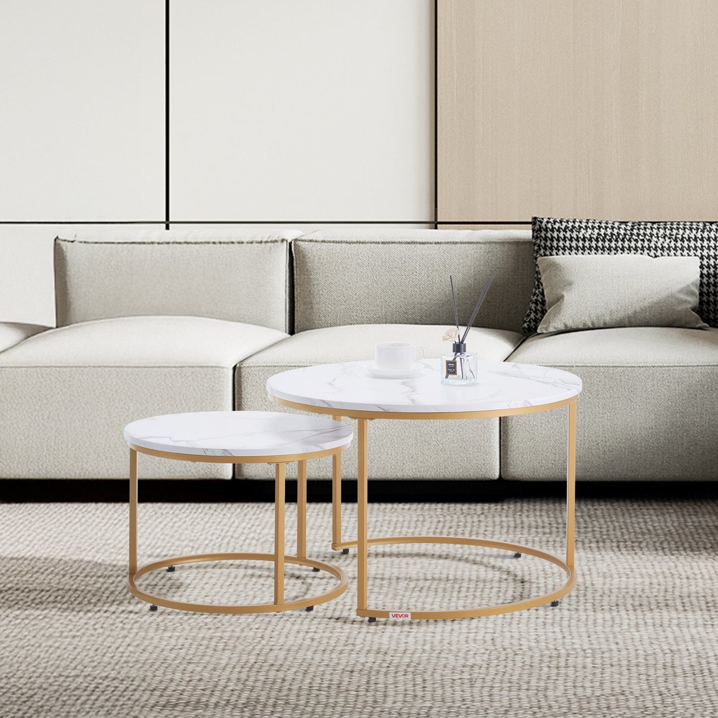 Nesting Coffee Table Set of 2, 31.5 in Round Coffee Table, Nesting Tables for Small Place, Vintage End Side Tables Night Stand with Metal Frame, for Living Room, Bedroom, Office (White & Gold)