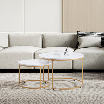Nesting Coffee Table Set of 2, 31.5 in Round Coffee Table, Nesting Tables for Small Place, Vintage End Side Tables Night Stand with Metal Frame, for Living Room, Bedroom, Office (White & Gold)