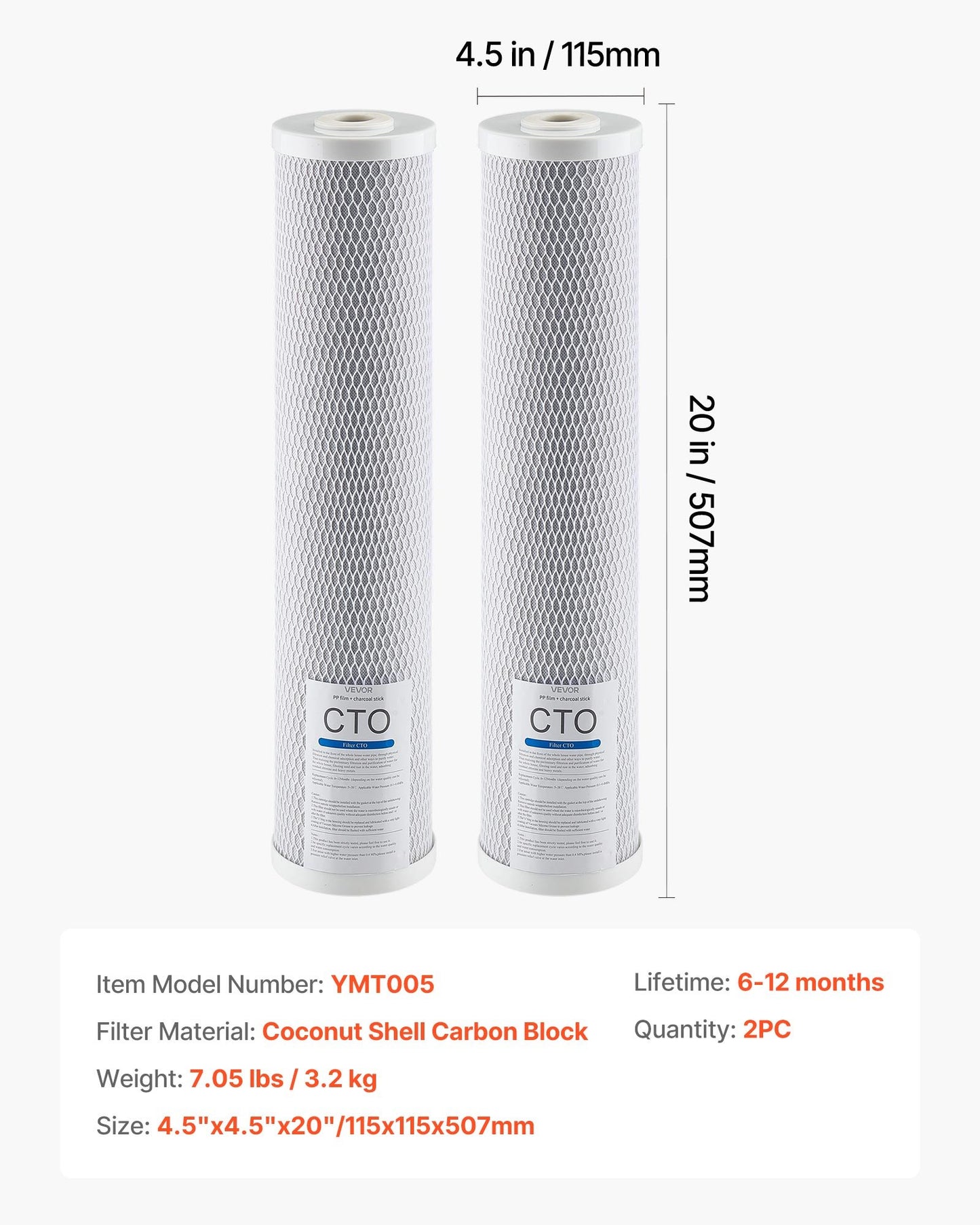 Whole House Water Filter Replacement Cartridge, 4.5" x 20" CTO Carbon Block, Replacement Filter for 3-Stage Whole Home Water Filtration System, Reduce Chlorine, Bad Taste, Odor, 2 Pack