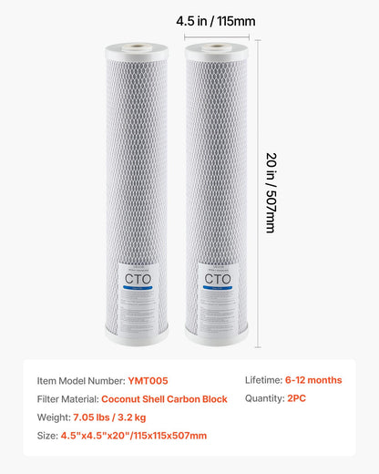 Whole House Water Filter Replacement Cartridge, 4.5" x 20" CTO Carbon Block, Replacement Filter for 3-Stage Whole Home Water Filtration System, Reduce Chlorine, Bad Taste, Odor, 2 Pack
