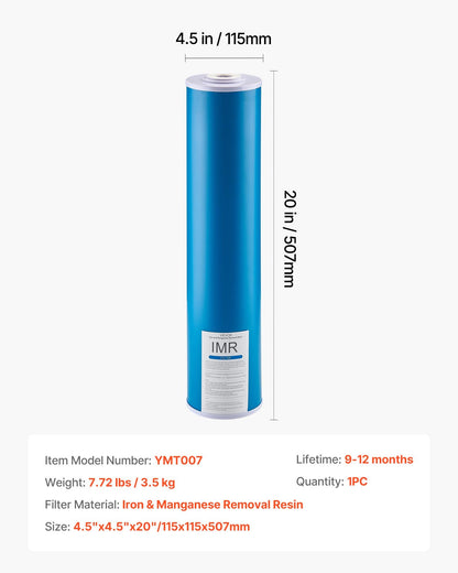 Whole House Water Filter Replacement Cartridge, 4.5" x 20" Iron & Manganese Reducing Replacement Filter for 3-Stage Whole Home Water Filtration System, Reduce Chlorine, Bad Taste, Odor