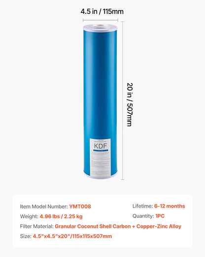 Whole House Water Filter Replacement Cartridge, 4.5" x 20" Coconut Shell Activated Carbon KDF Filter for Whole Home Water Filtration System, Reduce Heavy Metal, Chlorine, Taste, Odor