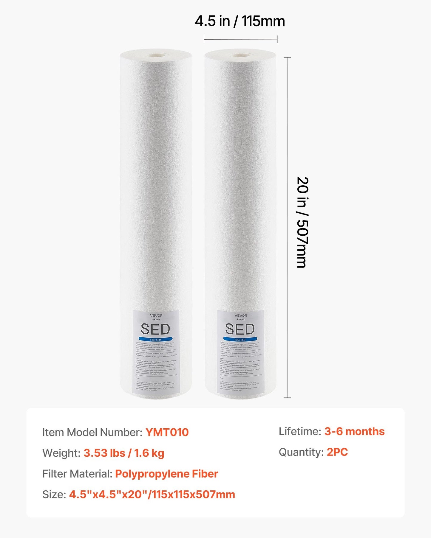 Whole House Water Filter Replacement Cartridge, 4.5" x 20" Polypropylene Sediment Filter for 3-Stage Whole Home Water Filtration System, Reduce Sand, Rust, Chlorine, Bad Taste, Odor