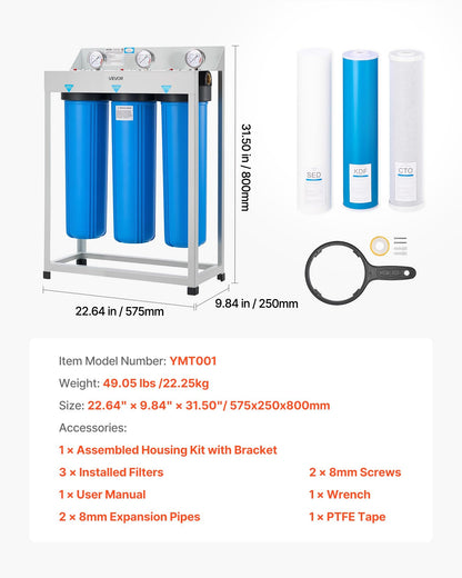 Whole House Water Filter System, 3-Stage | Sediment, KDF, CTO | 4.5" x 20" Home Water Purifier Filter Reduce Heavy Metal, Lead, Mercury, Chlorine, Bad Taste, Odor, Rust