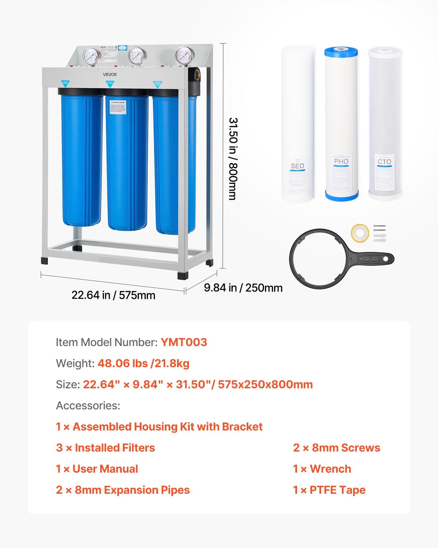 Whole House Water Filter System, 3-Stage | Sediment, PHO, CTO | 4.5" x 20" Home Water Purifier Filter Reduce Chlorine, Bad Taste, Odor, Rust, Prevent Scale and Corrosion