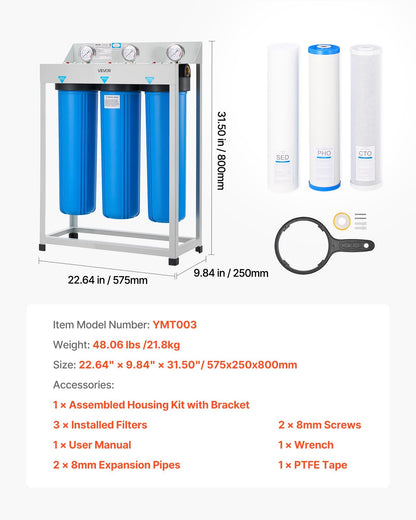 Whole House Water Filter System, 3-Stage | Sediment, PHO, CTO | 4.5" x 20" Home Water Purifier Filter Reduce Chlorine, Bad Taste, Odor, Rust, Prevent Scale and Corrosion