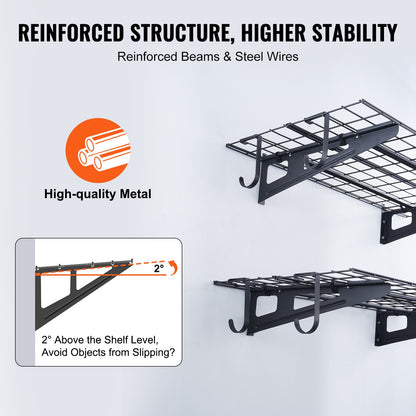 Garage Storage Shelving, 2 Pack, 4 x 2 ft Heavy Duty Garage Shelves Wall Mounted, 500 lbs Load Capacity(Total) Garage Storage Rack Floating Shelves, Suitable for Shop, Shed, Garage Storage