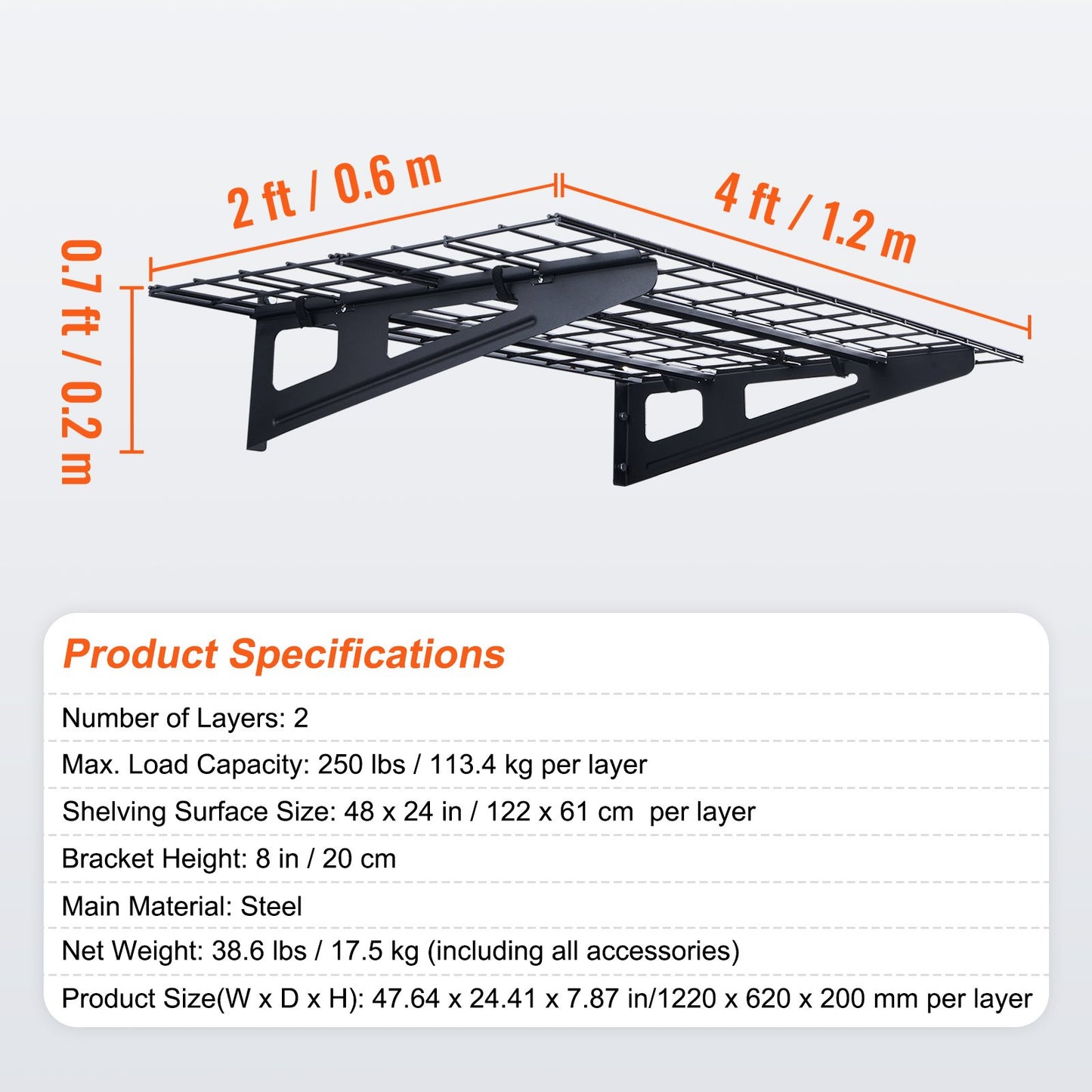 Garage Storage Shelving, 2 Pack, 4 x 2 ft Heavy Duty Garage Shelves Wall Mounted, 500 lbs Load Capacity(Total) Garage Storage Rack Floating Shelves, Suitable for Shop, Shed, Garage Storage