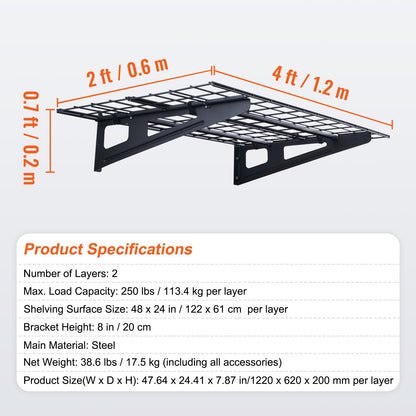 Garage Storage Shelving, 2 Pack, 4 x 2 ft Heavy Duty Garage Shelves Wall Mounted, 500 lbs Load Capacity(Total) Garage Storage Rack Floating Shelves, Suitable for Shop, Shed, Garage Storage