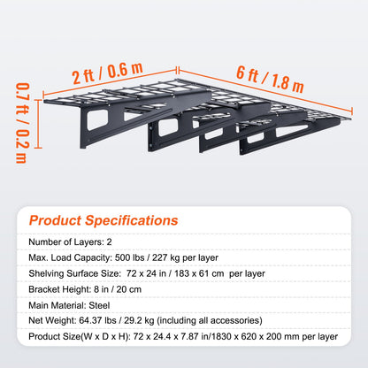 Garage Storage Shelving, 2 Pack, 6 x 2 ft Heavy Duty Garage Shelves Wall Mounted, 1000 lbs Load Capacity(Total) Garage Storage Rack Floating Shelves, Suitable for Shop, Shed, Garage Storage