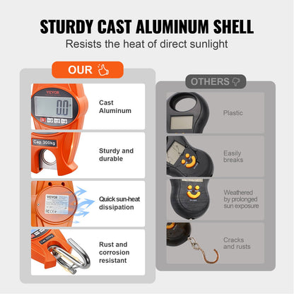 Digital Crane Scale, 660 lbs/300 kg, Industrial Heavy Duty Hanging Scale with Cast Aluminum Case &amp; LCD Display, Handheld Mini Crane with Hooks for Farm, Hunting, Fishing, Outdoor, Garage (Orange)