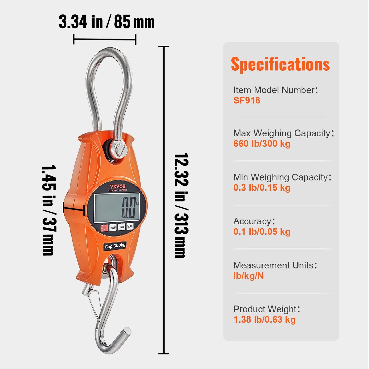 Digital Crane Scale, 660 lbs/300 kg, Industrial Heavy Duty Hanging Scale with Cast Aluminum Case &amp; LCD Display, Handheld Mini Crane with Hooks for Farm, Hunting, Fishing, Outdoor, Garage (Orange)