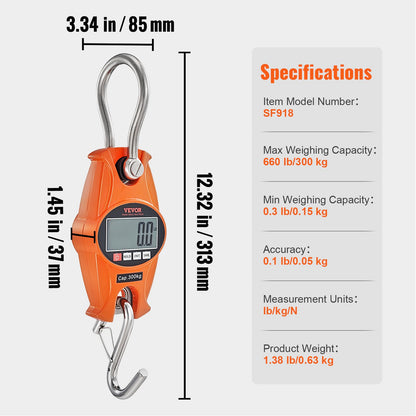 Digital Crane Scale, 660 lbs/300 kg, Industrial Heavy Duty Hanging Scale with Cast Aluminum Case &amp; LCD Display, Handheld Mini Crane with Hooks for Farm, Hunting, Fishing, Outdoor, Garage (Orange)
