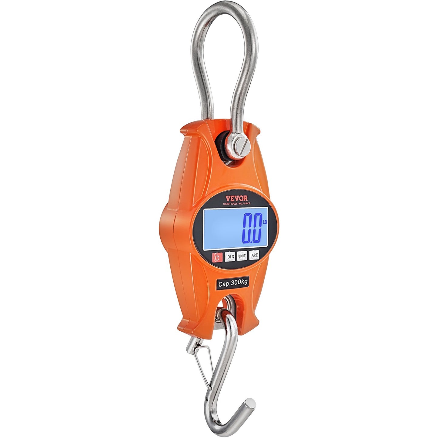 Digital Crane Scale, 660 lbs/300 kg, Industrial Heavy Duty Hanging Scale with Cast Aluminum Case &amp; LCD Display, Handheld Mini Crane with Hooks for Farm, Hunting, Fishing, Outdoor, Garage (Orange)