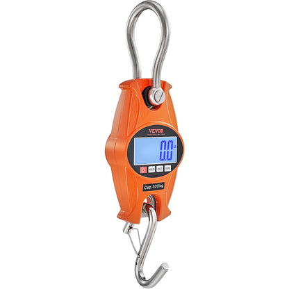 Digital Crane Scale, 660 lbs/300 kg, Industrial Heavy Duty Hanging Scale with Cast Aluminum Case &amp; LCD Display, Handheld Mini Crane with Hooks for Farm, Hunting, Fishing, Outdoor, Garage (Orange)