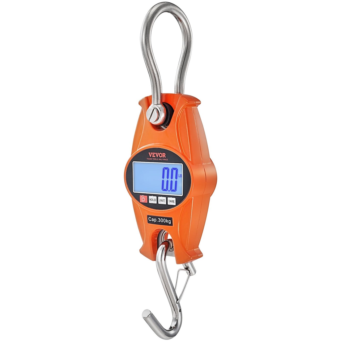 Digital Crane Scale, 660 lbs/300 kg, Industrial Heavy Duty Hanging Scale with Cast Aluminum Case &amp; LCD Display, Handheld Mini Crane with Hooks for Farm, Hunting, Fishing, Outdoor, Garage (Orange)
