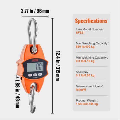 Digital Crane Scale, 880 lbs/400 kg, Industrial Heavy Duty Hanging Scale with Cast Aluminum Case &amp; LCD Display, Handheld Mini Crane with Hooks for Farm, Hunting, Fishing, Outdoor, Garage (Orange)