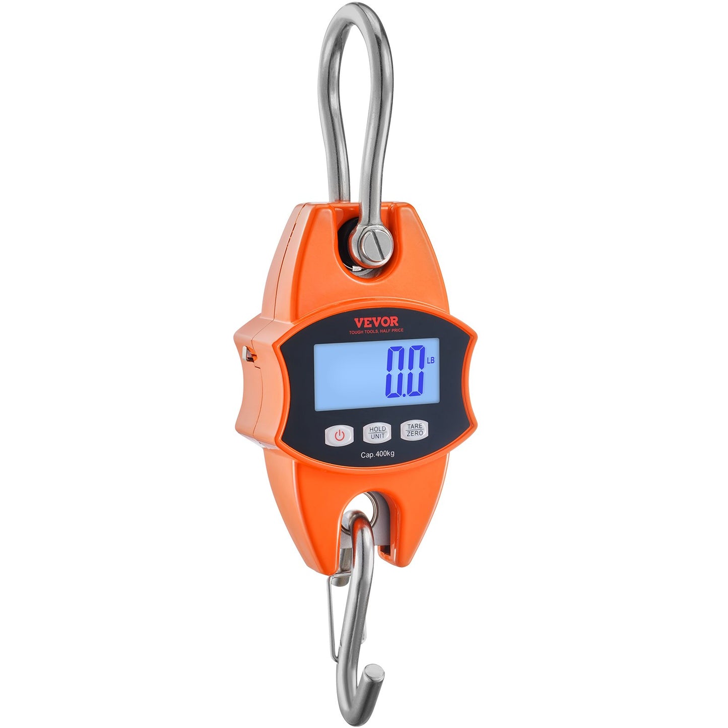 Digital Crane Scale, 880 lbs/400 kg, Industrial Heavy Duty Hanging Scale with Cast Aluminum Case &amp; LCD Display, Handheld Mini Crane with Hooks for Farm, Hunting, Fishing, Outdoor, Garage (Orange)