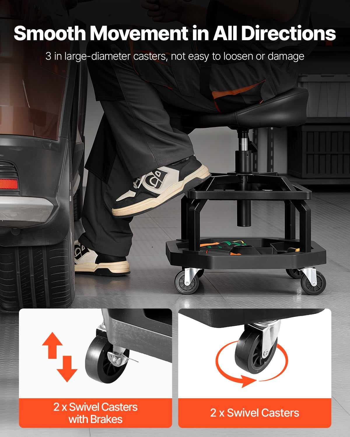 Rolling Shop Stool, Pneumatic Garage Seat/Work Stool with 300 lbs Capacity, Adjustable Height Roller Creeper Seat, 360° Swivel Padded Workshop Stool with Casters, for Garage, Shop & Auto Repair
