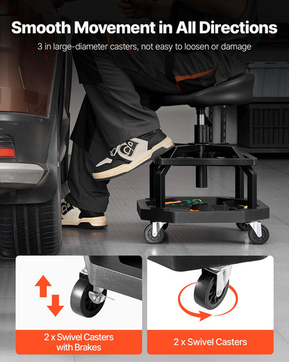 Rolling Shop Stool, Pneumatic Garage Seat/Work Stool with 300 lbs Capacity, Adjustable Height Roller Creeper Seat, 360° Swivel Padded Workshop Stool with Casters, for Garage, Shop & Auto Repair