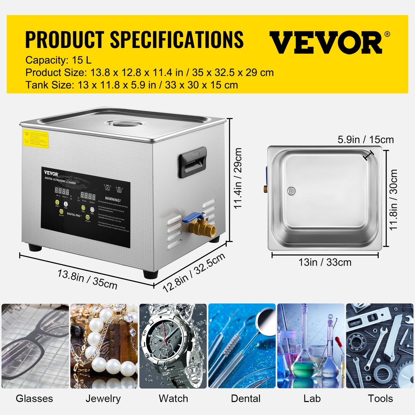15L Digital Ultrasonic Cleaner Heater Timer 600W 40KHz Cleaning Machine