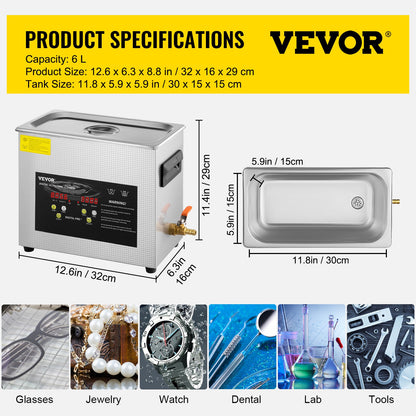 6L Upgraded Ultrasonic Cleaner (400W Heater,180W Ultrasonic) Professional Digital Lab Ultrasonic Parts Cleaner with Heater Timer for Jewelry Glasses Instruments Cleaning