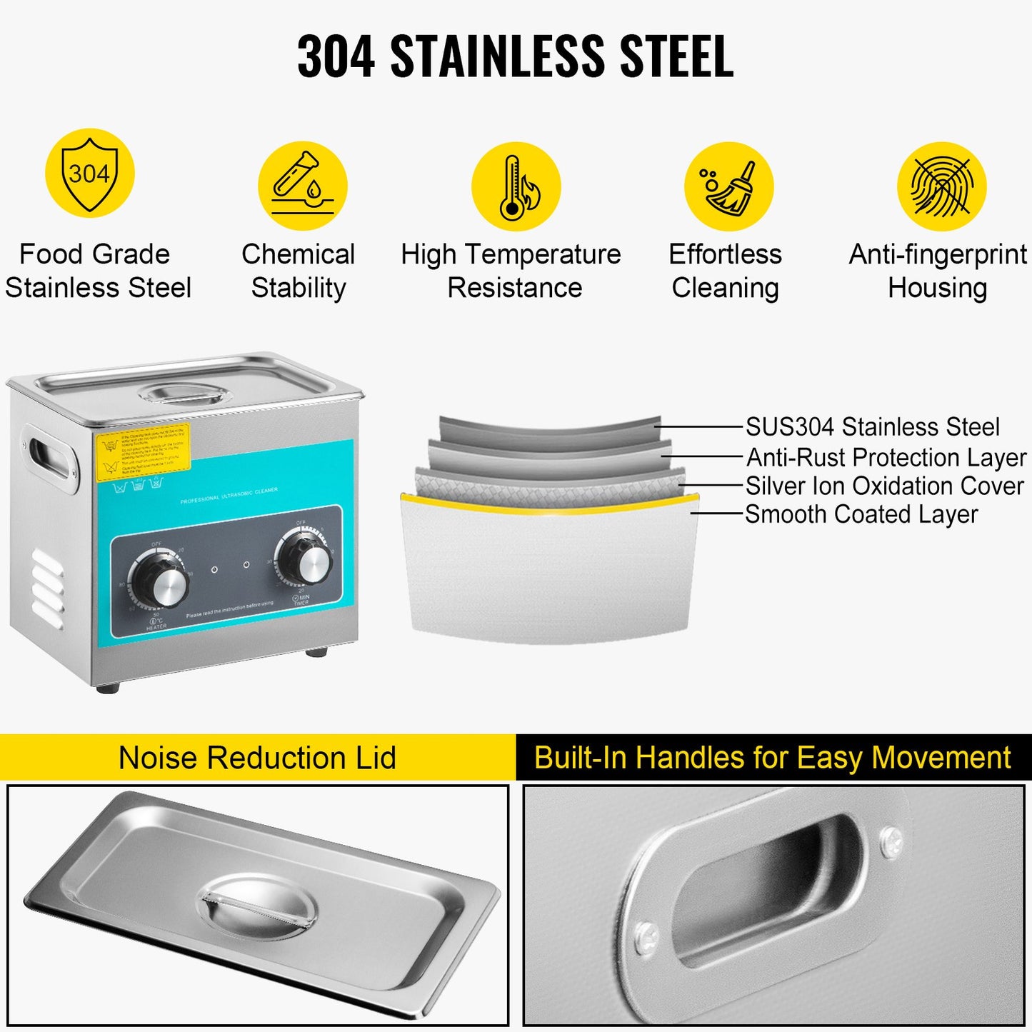 Ultraschallreiniger mit Knopf, 3 l, 40 kHz, Ultraschallreinigungsgerät, Knopfsteuerung, Schallreiniger, Ultraschallreinigungsgerät aus Edelstahl 304 mit Heizung und Timer zum Reinigen von Schmuck, Brillen und Uhren