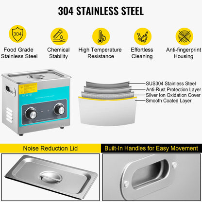 Ultraschallreiniger mit Knopf, 3 l, 40 kHz, Ultraschallreinigungsgerät, Knopfsteuerung, Schallreiniger, Ultraschallreinigungsgerät aus Edelstahl 304 mit Heizung und Timer zum Reinigen von Schmuck, Brillen und Uhren