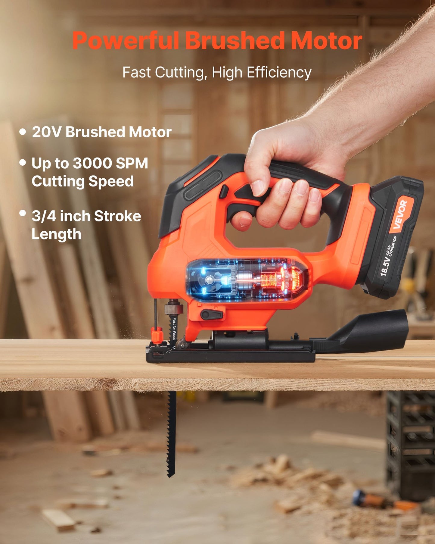 Cordless Jig Saw, 20 V, 3000 SPM Blade Speed, Cordless Jigsaw with Battery and Charger, LED Light, 6 Variable Speed, 0- 45° Bevel Cuts, with 6 pcs Blades, 4 Orbital Settings, for Wood, Metal