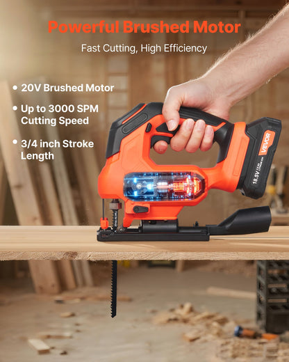 Cordless Jig Saw, 20 V, 3000 SPM Blade Speed, Cordless Jigsaw with Battery and Charger, LED Light, 6 Variable Speed, 0- 45° Bevel Cuts, with 6 pcs Blades, 4 Orbital Settings, for Wood, Metal
