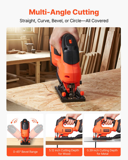 Cordless Jig Saw, 20 V, 3000 SPM Blade Speed, Cordless Jigsaw with Battery and Charger, LED Light, 6 Variable Speed, 0- 45° Bevel Cuts, with 6 pcs Blades, 4 Orbital Settings, for Wood, Metal