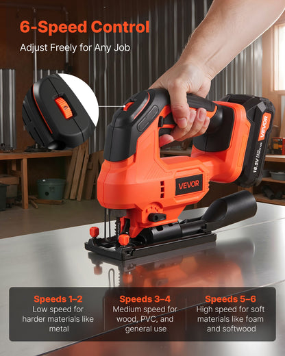 Cordless Jig Saw, 20 V, 3000 SPM Blade Speed, Cordless Jigsaw with Battery and Charger, LED Light, 6 Variable Speed, 0- 45° Bevel Cuts, with 6 pcs Blades, 4 Orbital Settings, for Wood, Metal