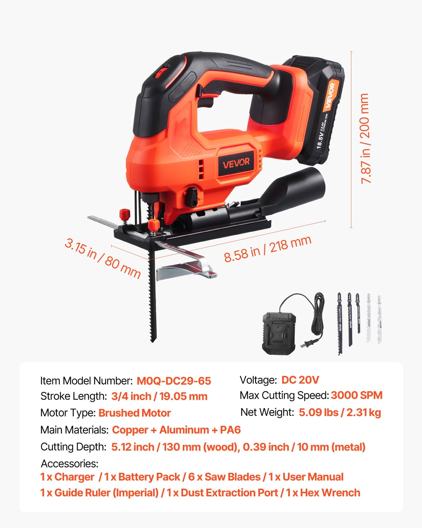Cordless Jig Saw, 20 V, 3000 SPM Blade Speed, Cordless Jigsaw with Battery and Charger, LED Light, 6 Variable Speed, 0- 45° Bevel Cuts, with 6 pcs Blades, 4 Orbital Settings, for Wood, Metal